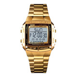 Reloj Hombre Skmei 1381 Acero Alarma Cronometro Elegante Color De La Malla Dorado Color Del Fondo Blanco