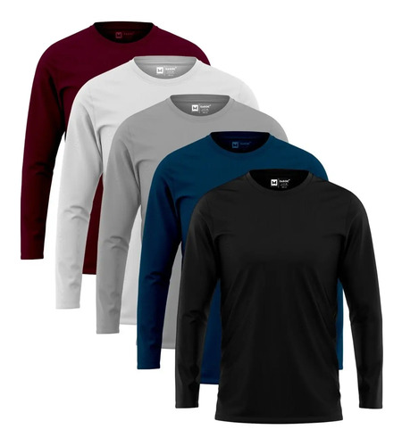 Kit 5 Camiseta Manga Longa Masculina Slim Algodão 30.1 Zaroc | Frete grátis
