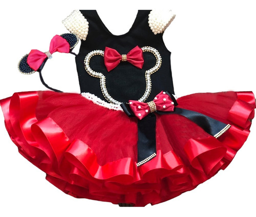 Kit Tutu De Aniversário Minnie Vermelha Pérolas Luxo Tiara