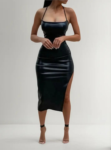 Vestido De Vinipiel Sexy Con Escote En Espalda