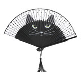 Abanico Plegable Gato Negro Encantador, Abanico De Mano