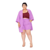 Saída De Praia Plus Size Conjunto Camisão Kimono + Short Kn