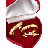 Par Aliança De Casamento Fina 4mm Diamantada +anel Solitário