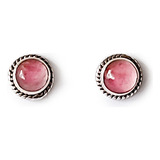 Aros Botón Trenzado Cuarzo Rosa Natural Plata Fina 925