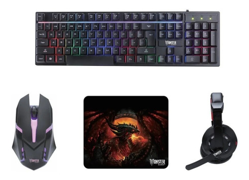 Kit Gamer Monster Insertion Teclado Mouse Audífonos Mousepad