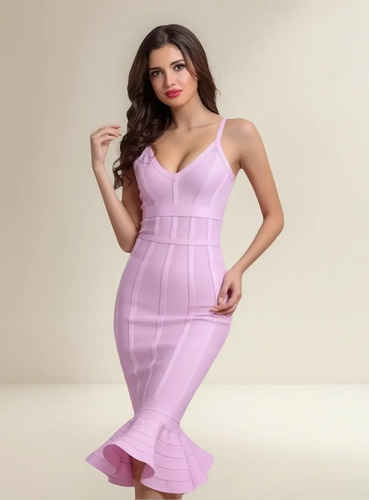 Vestido Bandage Elegante Sirena Ceremonia Tirantes Rosa Rojo