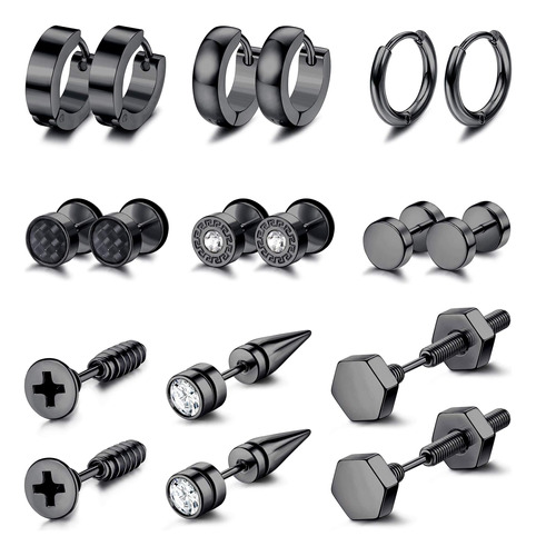 Fibo Steel 9 Pares De Pendientes Negros Para Hombres Y Mujer