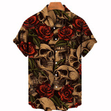 Camisa Casual Hawaiana Con Estampado De Calavera De Hombre