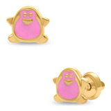 Broqueles Bizzarro Pingüino Oro Amarillo 14k Esmalte Rosa