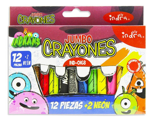 Crayones Jumbo C/12 Colores + 2 Neon Cuerpo Redondo Indra