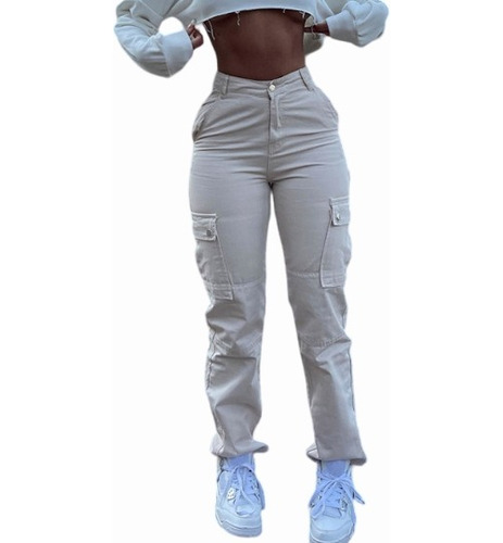 Pantalones Blanco Joggers Tiro Alto De Mujer Cargo Mezclilla