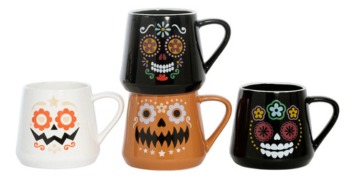 Juego De Tazas Porcelana Crown Baccara Día De Muertos C1 4pz Color Naranja Calaveras