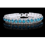 Exuberante Pulseira Prateada Festa Strass Cristais Azul