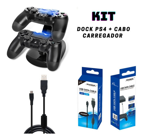 Kit Carregador Play4 Dock Vertical + Cabo 2metro Ps4 Dobe 