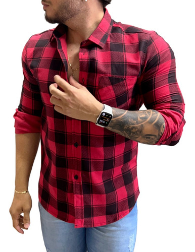 Camisa Flanela Xadrez Lenhador Masculina Manga Longa Slim