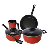 Bateria De Cocina 7 Piezas Roja Guadix Teflon Tapa Vidrio