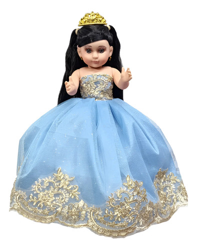 Muñeca Quinceañera Xv Azul Cielo Especial Con Dorado