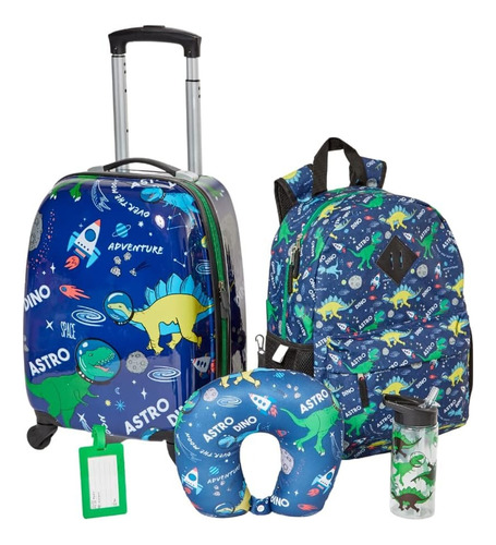 Set De Viaje Para Niños Maleta Mochila Almohada Y Vaso Dino