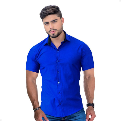 Camisa Social Masculina Slim Fit Luxo Manga Curta Tricoline