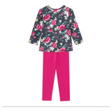 Conjunto Manga Longa 2pçs Kyly Infantil Floral Cinza/rosa