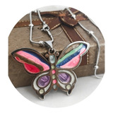 Collar Mariposa Multicolor Cadena Dije Acero Con Estuche