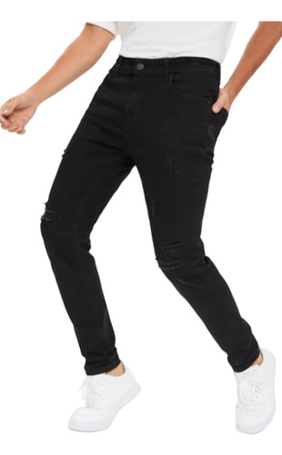 Jeans Ajustado Slim Fit De Hombre Pitillo,negro Roto 