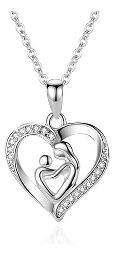 Collar Colgante Corazón Plata S925 Circón Madre Hijo Regalo Color Plateado