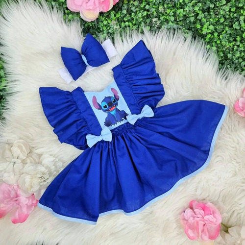 Vestido Niña Stitch Azul Con Diadema Para Fiesta
