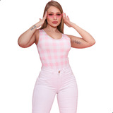 Body Feminino Regata Xadrez Rosa Barbiecore Look Rosa