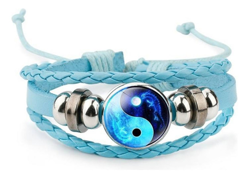 Pulsera Yin Yang Cuero Trenzado Celeste Ajustable Dragón