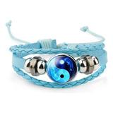 Pulsera Yin Yang Cuero Trenzado Celeste Ajustable Dragón