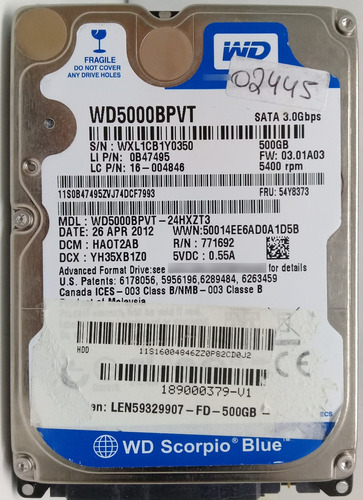 Western Digital Wd5000bpvt-24hxzt3 500gb-2445 Recuperodatos