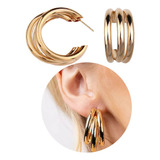 Brinco Feminino Argola Tripla Banhado A Ouro 18k Semijoia