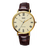 Reloj Q&q Modelo Qa20j117y Piel Marrón Color Del Bisel Dorado Color Del Fondo Amarillo