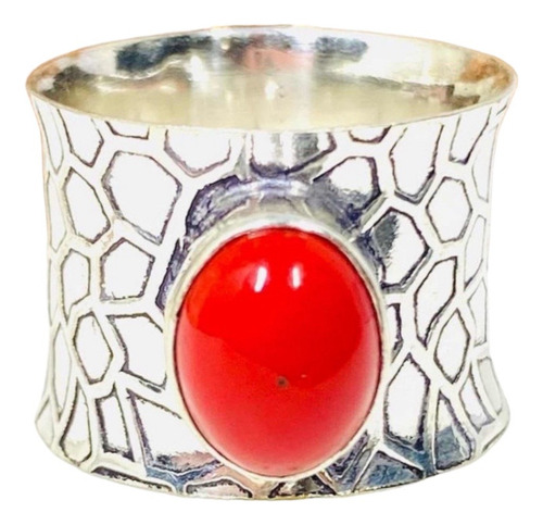 Anillo Tipo Spinner Plata India Coral Rojo 100% Natural Cab