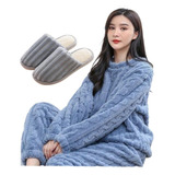 Pijama + Pantuflas Polar Conjunto Invierno Mujer 