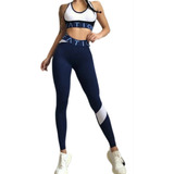 Conjunto Deportivo Lycra Tiro Alto + Crop Top Blanco Azul