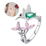 Anillo De Colibri Esmeralda Ajustable Plata Esterlina Mujer