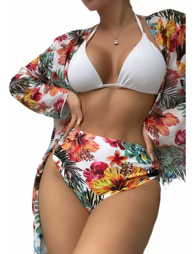 Traje De Baño Juego De Bikini Con Abrigo 3 Piezas Impresión