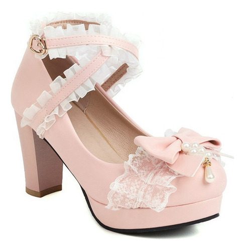 Dulce Bowknot Tacón Grueso Princesa Zapatos Cuero Tacón Alto