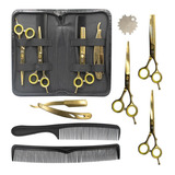 Kit Barbeiro Cabeleireiro Pente Navalhete Tesouras Aço Inox Cor Dourado