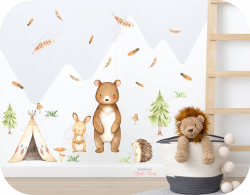 Vinilo Decorativo Infantil Animales Acuarela Bosque Camping