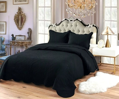 Cubrecama Verano Quilt Negro 2 Plazas + 2 Fundas Almohadas