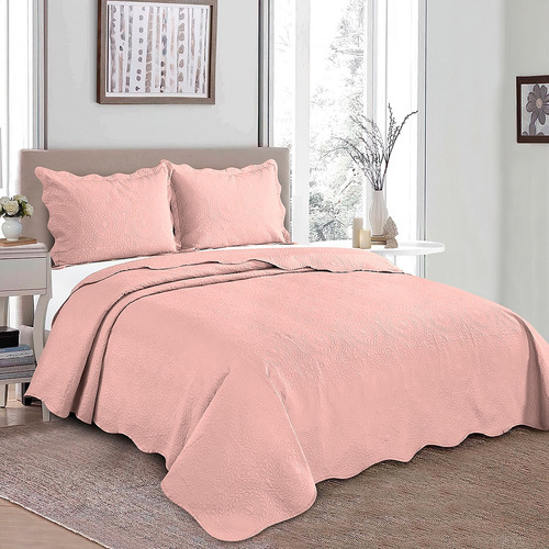 Kit Cobre Leito Colcha Cama King Size 3pç Dupla Face 260x280 Cor Rose