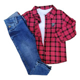 Calça Jeans Com Camiseta E Camisa Xadrez Vermelha Infantil