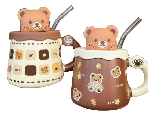 Taza Ceramica Con Tapa Sorbete Osito Bear Kawaii Infusion 