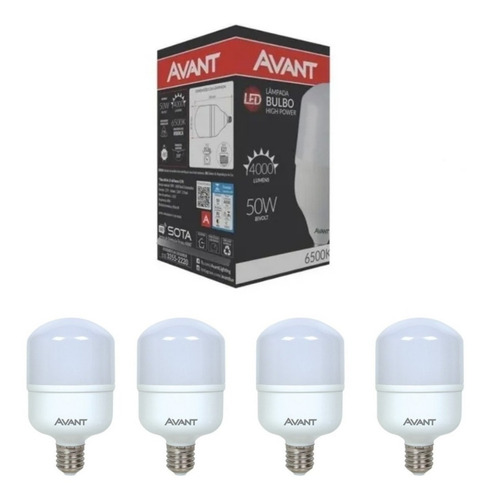 Kit 04 Lâmpadas Led Bulbo 50w E27 Bivolt Branca 6500k Avant 