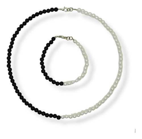 Conjunto Collar Pulsera Perlas Bicolor Blancas Y Negras 6mm