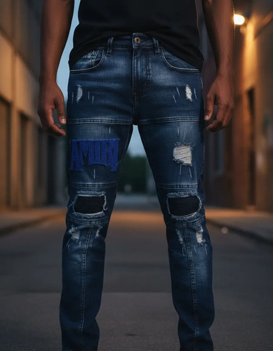 Pantalon De Hombre Urbano Skinny Roto Con Aplicaciones Ma4