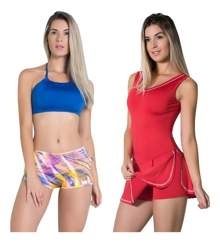 Kit Fitness Macaquinho Saia + Top Liso + Short  + Brindes